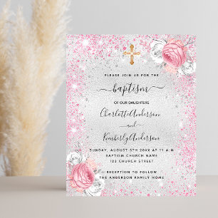 Papier Baptême rose argent jumeaux floral invitation budg