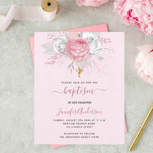 Papier Baptême rose floral fille élégante blanche invitat