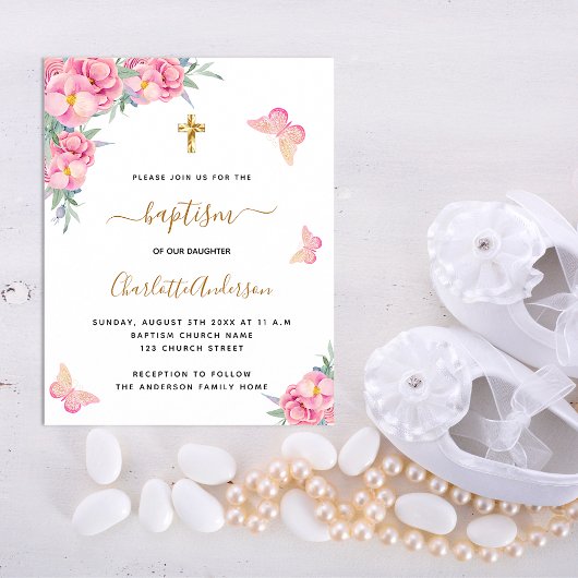 Papier Baptême rose florales papillon invitation budgétai