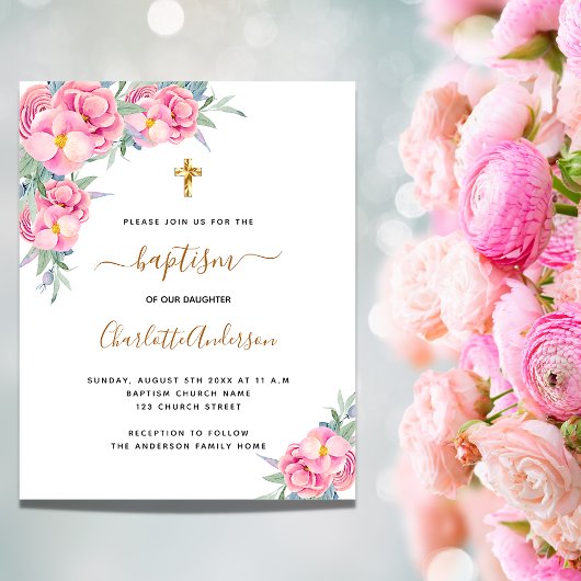 Papier Baptême rose florales rose or budget invitation