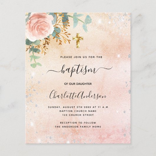 Papier Baptême rose or floral eucalyptus invitation (Devant)