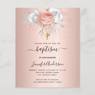 Papier Baptême rose or florales fille invitation