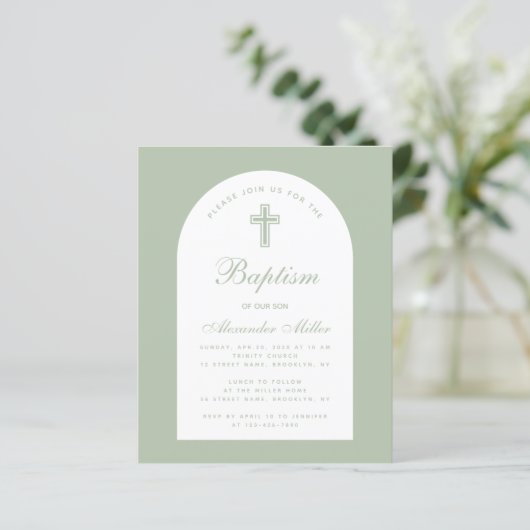 Papier Baptême Sage Budget Arc Green Script Invitation (Debout devant)
