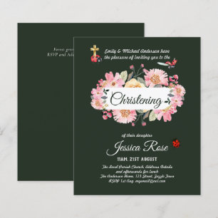 Papier Baptême vert rose floral Invitations