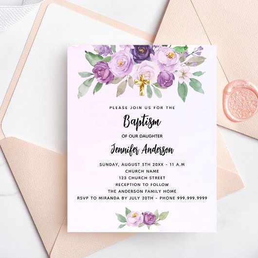 Papier Baptême violet fleurs vert invitation