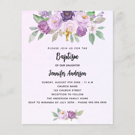 Papier Baptême violet fleurs vert invitation (Devant)
