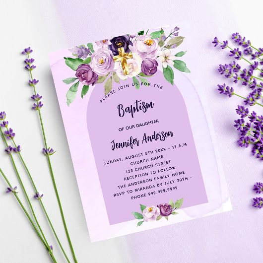 Papier Baptême violet fleurs violet invitation budgétaire
