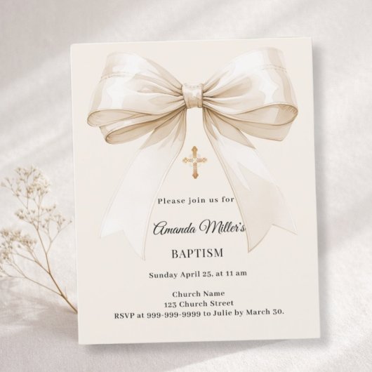 Papier Baptism beige bow elegant invitation