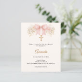 Papier Baptism Bow Blush Pink Florals Cross Invitation (Debout devant)