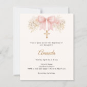 Papier Baptism Bow Blush Pink Florals Cross Invitation (Devant)