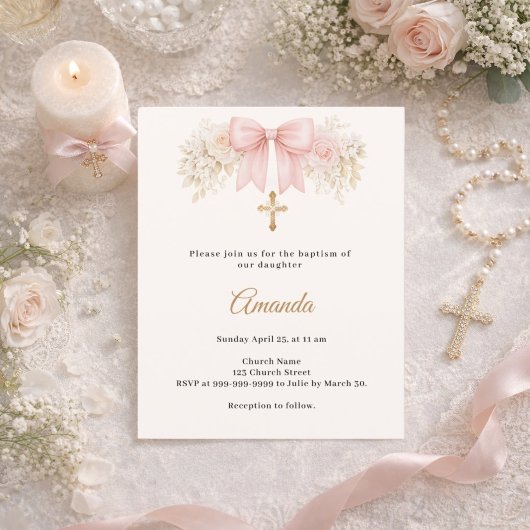 Papier Baptism Bow Blush Pink Florals Cross Invitation
