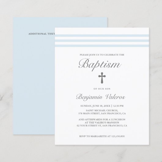 Papier BAPTISM Elégant pastel rayé bleu Croix (Devant / Derrière)
