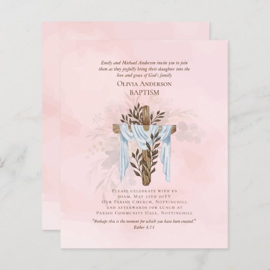 Papier BAPTISME Élégant BUDGET Invitation rose (Devant / Derrière)