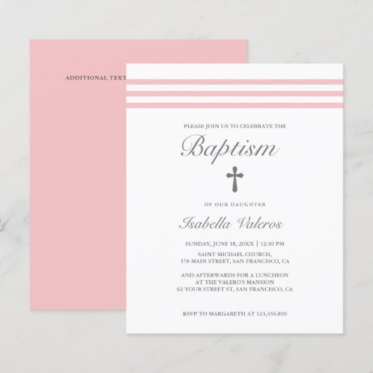 Papier BAPTISME Élégant pastel rayé Pink Cross Budget (Devant / Derrière)