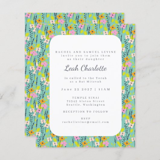 Papier Bar Mitzvah Floral Vert Menthe Rose Pas Cher Migno (Devant / Derrière)