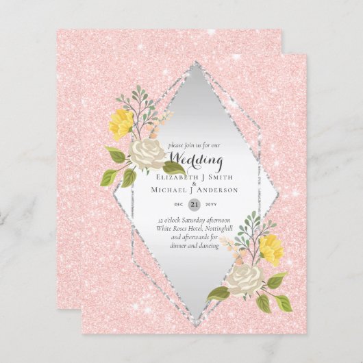 Papier BAS BUDGET Blanc Rose Jaune Fleur Mariage Inviter (Devant / Derrière)