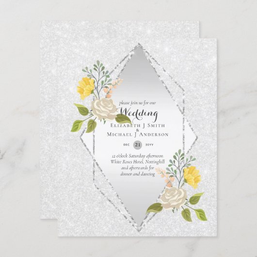 Papier BAS BUDGET Blanc Rose Jaune Fleur Mariage Inviter (Devant / Derrière)