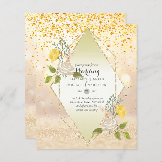 Papier BAS BUDGET Blanc Rose Jaune Fleur Mariage Inviter (Devant / Derrière)