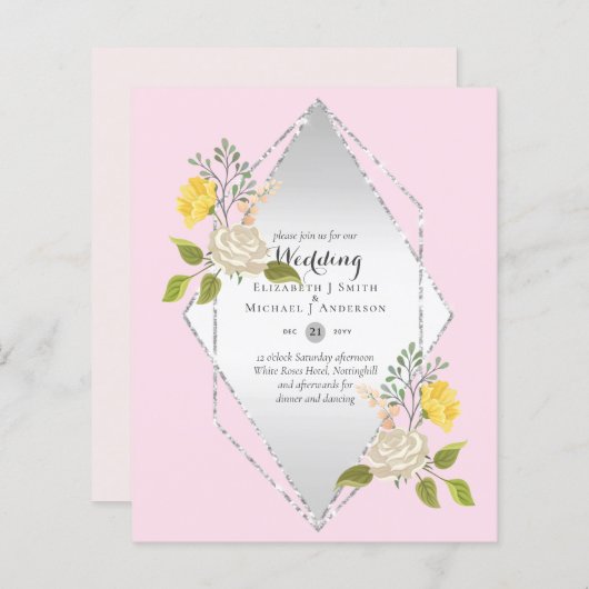 Papier BAS BUDGET Blanc Rose Jaune Fleur Mariage Inviter (Devant / Derrière)