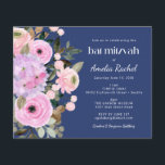 Papier Bat mitzvah d'aquarelle bleu lavande budgétaire<br><div class="desc">Budget Boho Lavender rose Floral Aquarelle Bat mitzvah Invitation sur un Arrière - plan bleu</div>