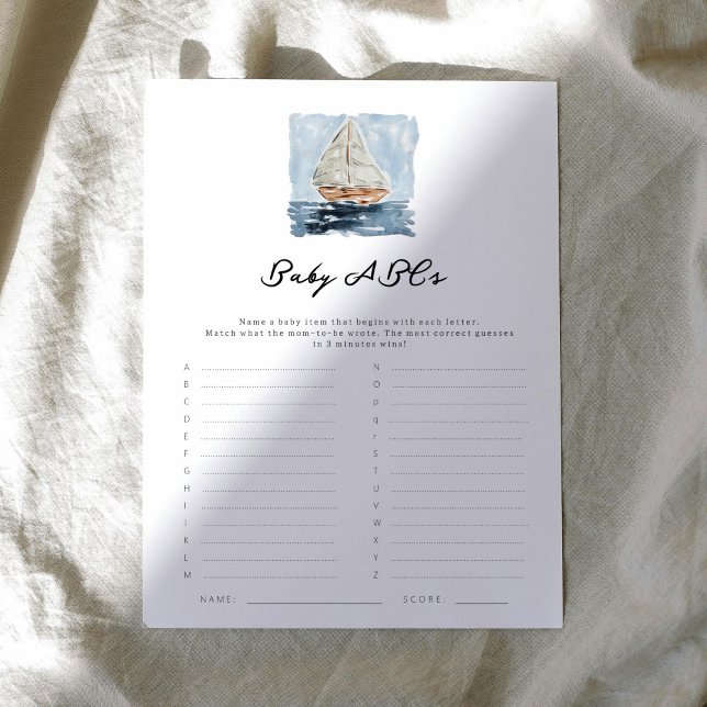 Papier Bateau nautique ABC Baby shower Jeu (Nautical watercolor sailboat chic baby shower baby ABCs letter game.)