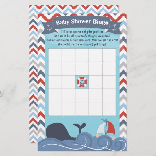 Papier Bateau nautique Ocean Whale Baby shower Bingo (Devant / Derrière)