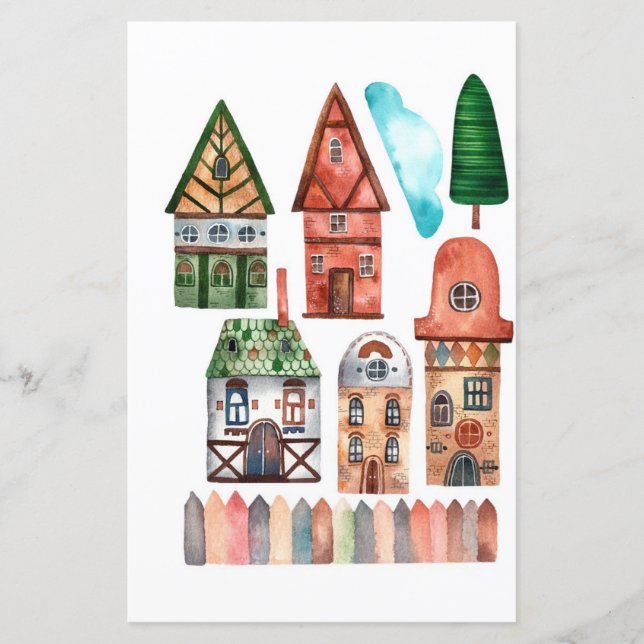 Papier Bâtiments à l'aquarelle arbres à découper et colle (Devant)