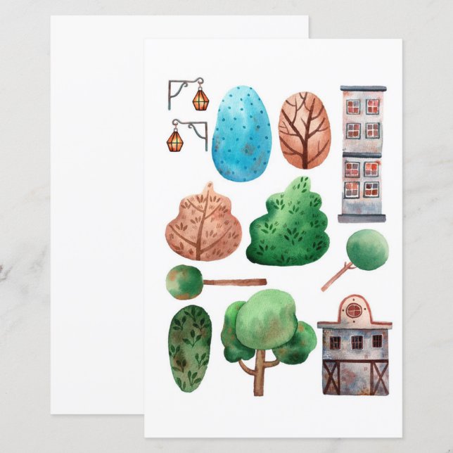 Papier Bâtiments à l'aquarelle arbres à découper et colle (Devant / Derrière)