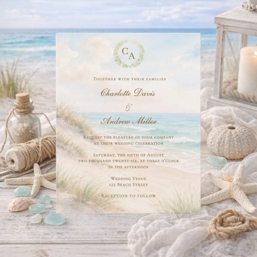Papier Beach coastal monogrammed wedding invitation