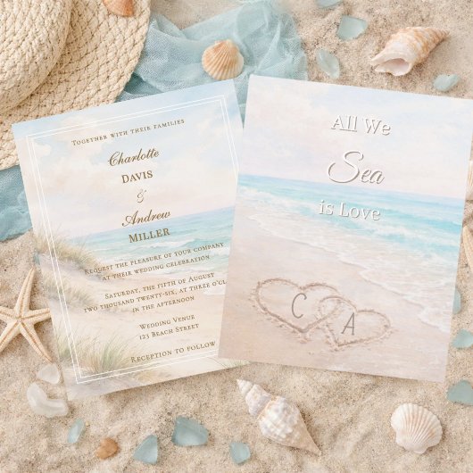 Papier Beach hearts sand initials wedding invitation
