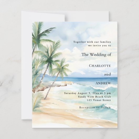 Papier Beach tropical palm destination wedding invitation (Devant)