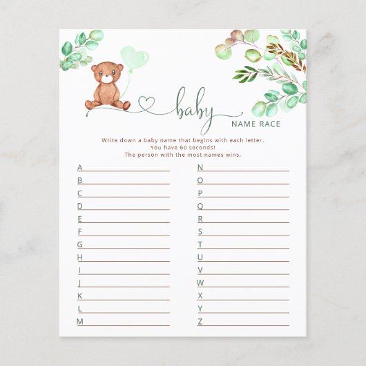 Papier Bear baby nom race jeu de baby shower (Devant)