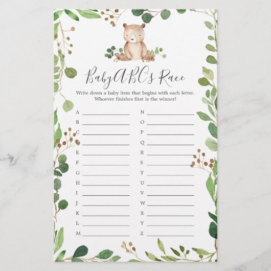 Papier Bear Baby shower ABC's Race Game (Devant)
