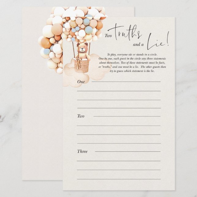Papier Bear Baby shower Game - Deux Vérités Et Un Mensong (Devant / Derrière)