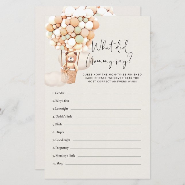 Papier Bear Baby shower Game - Qu'A Dit Maman ? (Devant / Derrière)