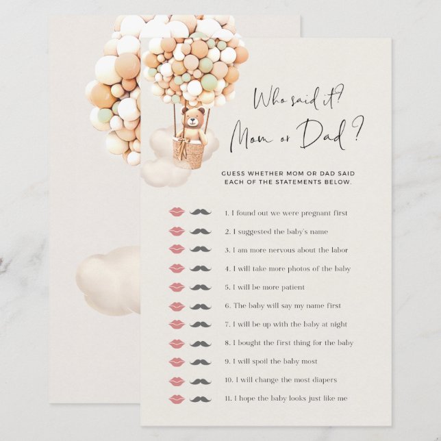 Papier Bear Baby shower Game - Qui l'a dit - Maman ou Pap (Devant / Derrière)