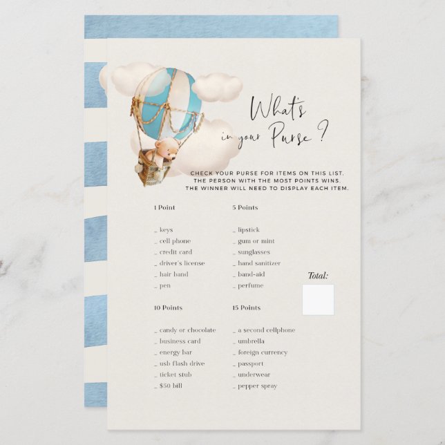 Papier Bear Baby shower Game - What's In Your Purse? (Devant / Derrière)