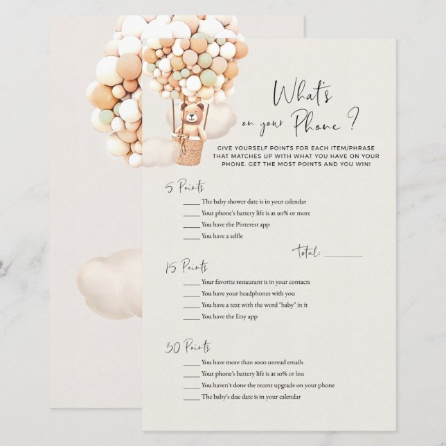 Papier Bear Baby shower Game - What's On Your Phone? (Devant / Derrière)