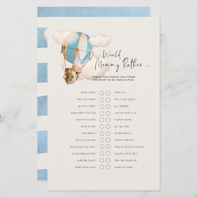 Papier Bear Baby shower Jeu - Est-Ce Que Maman Plairait? (Devant / Derrière)