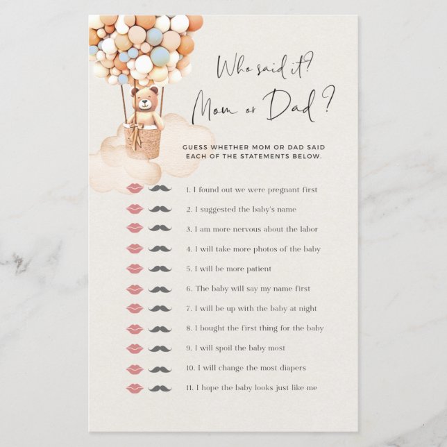 Papier Bear Baby shower Jeu Qui L'A Dit (Devant)