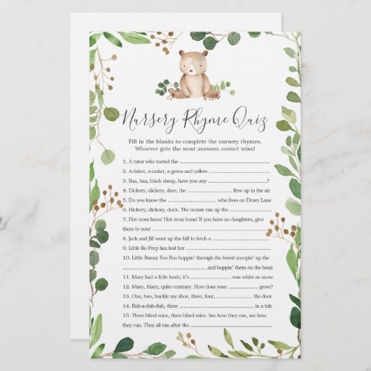 Papier Bear Baby shower Nursery Rhyme Jeu (Devant / Derrière)