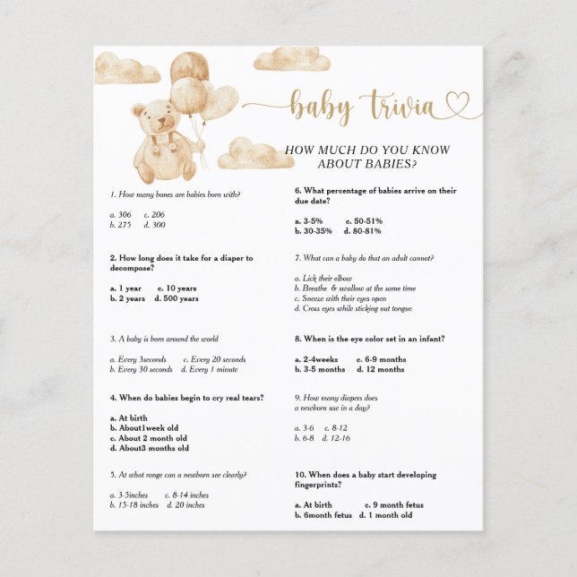 Papier Bear Baby Trivia | Jeu Baby shower (Devant)