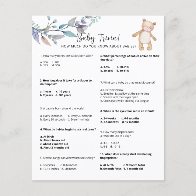Papier Bear Baby Trivia | Jeu Baby shower (Devant)