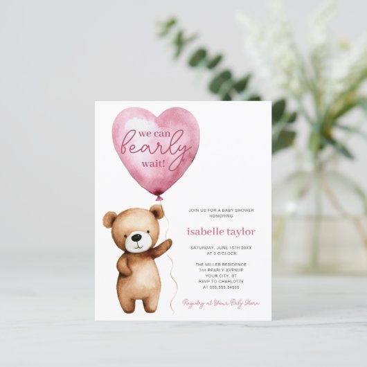 Papier Bear Balloons Bébé Fille Douche Budget Invitation (Debout devant)