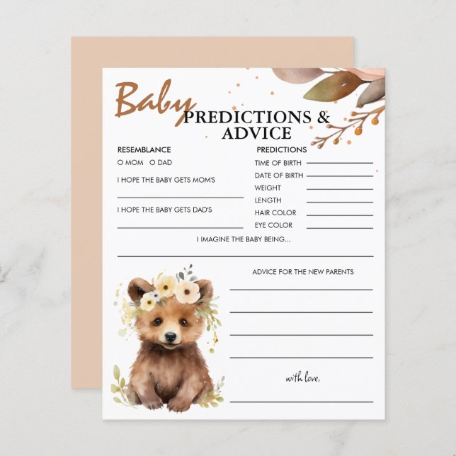 Papier Bear Cub Woodland Baby Predictions & Conseils Card (Devant / Derrière)