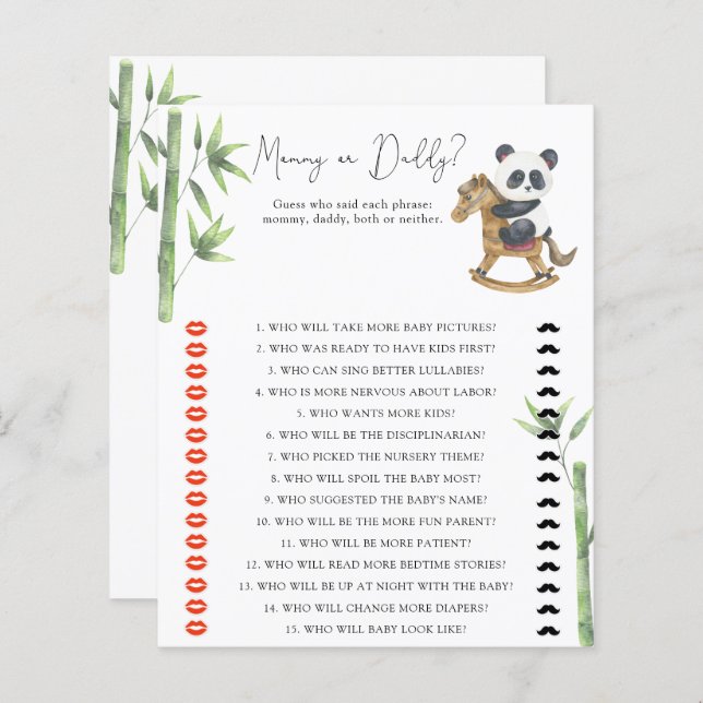 Papier Bear Panda maman ou papa jeu de baby shower (Devant / Derrière)