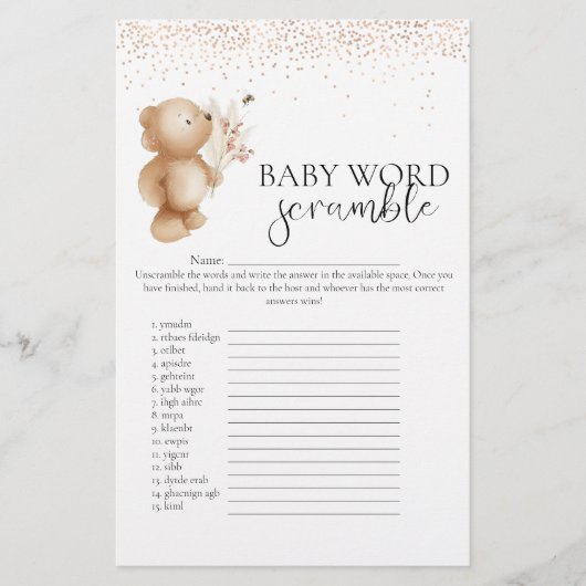 Papier Bear & The Bee 'Word Scramble' Baby shower Jeu (Devant)