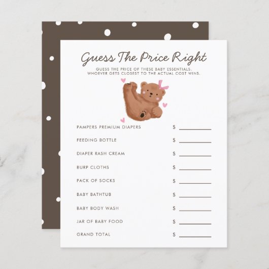 Papier Bear Thème Fille Baby shower Devinez Le Prix Juste (Devant / Derrière)