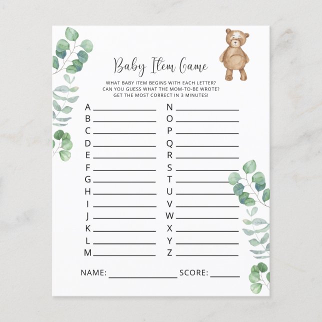 Papier Bearly Baby Item Jeu. Jeu baby shower (Devant)