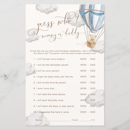 Papier Bearly Wait Blue Guess Who Baby Shower Game (Devant)